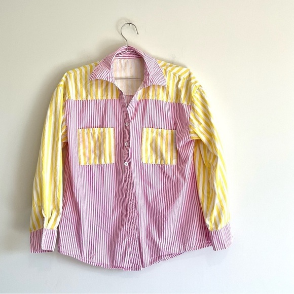 Yellow and Pink Long Sleeve Button Down Shirt Size S.Oversized Cotton LongSleeve - Picture 2 of 7